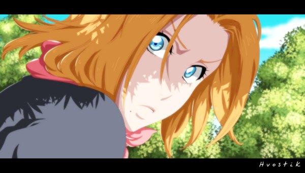 Anime picture 3140x1786 with bleach studio pierrot matsumoto rangiku hvostik single long hair highres blue eyes wide image sky cloud (clouds) looking back orange hair mole coloring close-up face mole under mouth girl plant (plants)