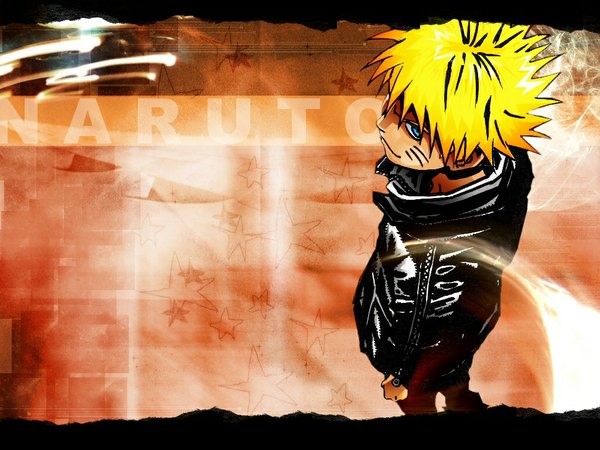 Anime picture 1024x768 with naruto studio pierrot naruto (series) uzumaki naruto single looking at viewer short hair blue eyes blonde hair standing from above copyright name character names facial mark whisker markings jinchuriki leather boy jacket star (symbol)