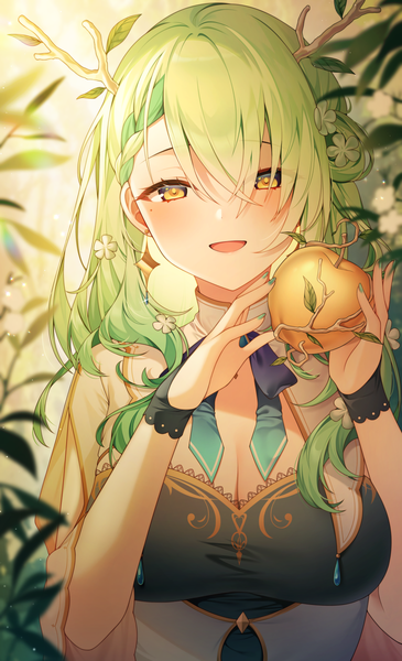 Anime picture 1200x1971 with virtual youtuber hololive hololive english ceres fauna ceres fauna (1st costume) reel (riru) single long hair tall image looking at viewer blush fringe breasts open mouth smile hair between eyes large breasts holding yellow eyes cleavage