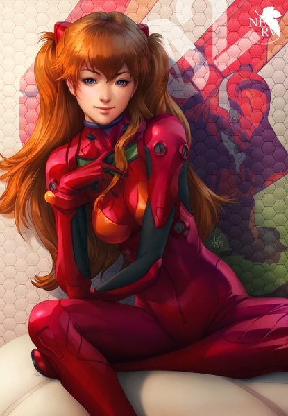 Anime picture 900x1300 with neon genesis evangelion gainax soryu asuka langley artgerm (stanley lau) single tall image looking at viewer fringe breasts blue eyes smile sitting signed bent knee (knees) lips orange hair realistic shadow two side up hand on chest
