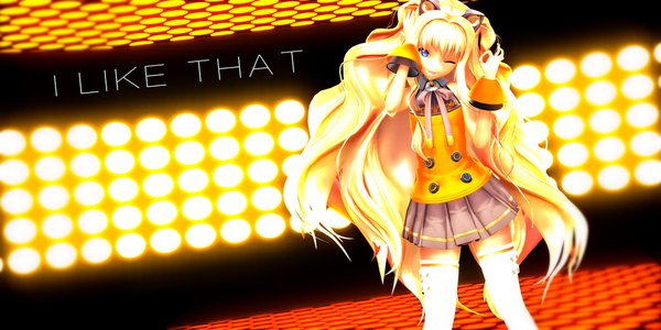 Anime picture 1024x512 with vocaloid seeu leyumirrorsound single long hair blue eyes blonde hair smile wide image standing animal ears eyes closed pleated skirt one eye closed wink cat ears realistic zettai ryouiki light mikumikudance