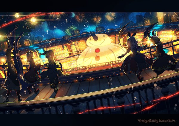 Anime picture 1400x990 with narumi arata blonde hair multiple girls animal ears pink hair tail animal tail from above pointy ears night night sky city snowing christmas spread arms winter group cityscape demon tail demon wings