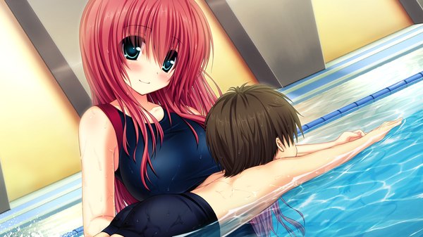 Anime picture 1280x720 with namaiki delation nishimura shiori long hair blush short hair blue eyes light erotic black hair wide image game cg red hair girl boy swimsuit child (children) pool