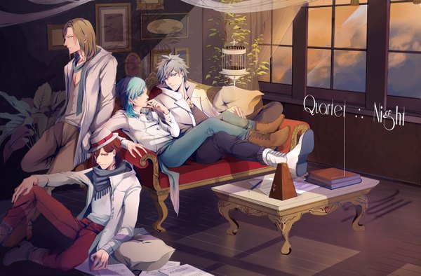 Anime picture 5696x3748 with uta no prince-sama a-1 pictures tagme (character) cp .ieng long hair looking at viewer highres short hair blue eyes brown hair standing sitting brown eyes blue hair absurdres grey hair inscription multiple boys grey eyes group