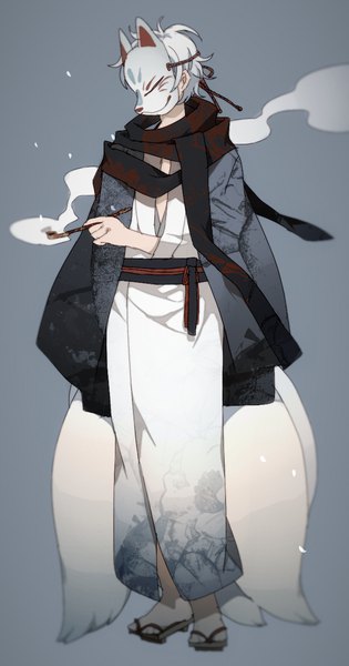 Anime picture 700x1331 with original newo (shinra-p) single tall image short hair simple background holding white hair tail traditional clothes japanese clothes animal tail grey background fox tail smoke multiple tails boy petals scarf mask