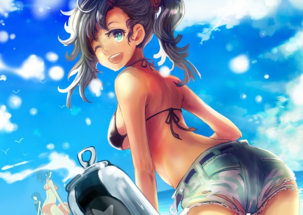 Anime picture 1200x853 with original ryuuri susuki (artist) long hair looking at viewer open mouth blue eyes light erotic black hair smile bare shoulders multiple girls sky cloud (clouds) ass outdoors ponytail one eye closed looking back wink from behind