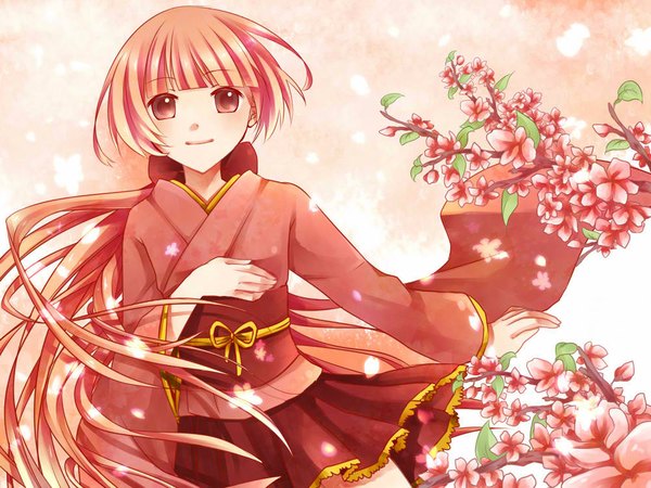 Anime picture 1000x750 with vocaloid nekomura iroha single long hair blush highres open mouth smile red eyes twintails pink hair traditional clothes japanese clothes girl flower (flowers) kimono obi