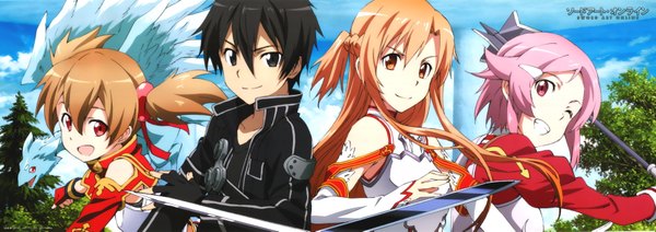 Anime picture 7056x2498 with sword art online a-1 pictures yuuki asuna kirigaya kazuto silica lisbeth pina (sao) long hair highres short hair open mouth black hair smile red eyes brown hair wide image multiple girls brown eyes pink hair absurdres