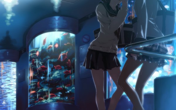 Anime picture 3840x2400 with original yuuki tatsuya highres wide image multiple girls absurdres legs girl skirt 2 girls miniskirt serafuku school bag fish (fishes) aquarium