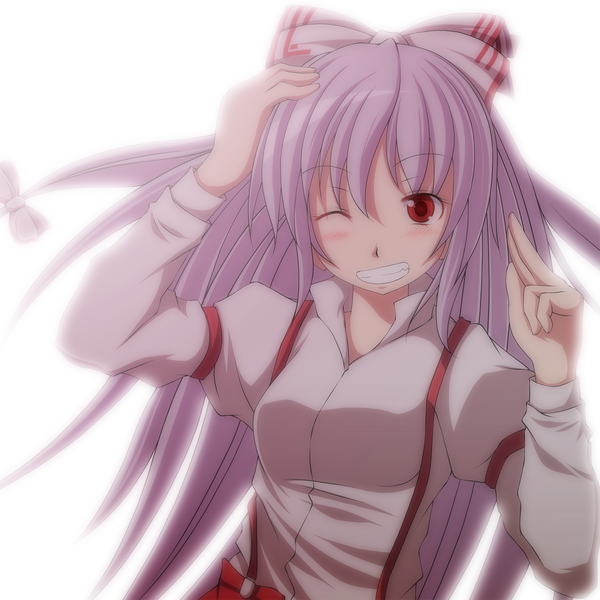 Anime picture 1500x1500 with touhou fujiwara no mokou s-syogo long hair blush simple background red eyes white background pink hair one eye closed wink girl bow hair bow