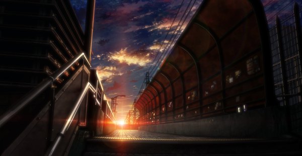 Anime picture 2396x1241 with original tokuninashi (uorat) highres wide image sky cloud (clouds) sunlight dutch angle dark background no people morning sunrise building (buildings) star (stars) stairs fence railing bridge power lines poster