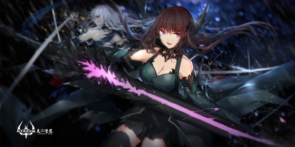 Anime picture 2126x1063 with original pixiv fantasia pixiv fantasia t swd3e2 long hair looking at viewer highres open mouth smile red eyes brown hair wide image bare shoulders multiple girls cleavage white hair profile pink eyes looking back wind