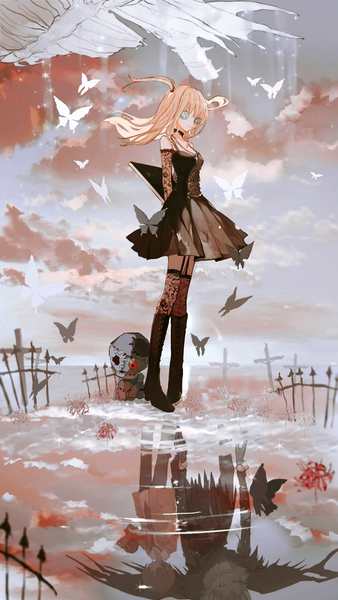 Anime picture 1688x3000 with death note identity v madhouse yagami light amane misa ryuk asahiro long hair tall image looking at viewer blue eyes blonde hair standing sky cloud (clouds) full body wind multiple boys two side up reflection