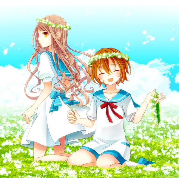 Anime picture 1412x1409 with original goma (11zihisin) long hair looking at viewer short hair open mouth blonde hair smile sitting multiple girls yellow eyes sky cloud (clouds) eyes closed profile looking back sunlight orange hair girl flower (flowers)