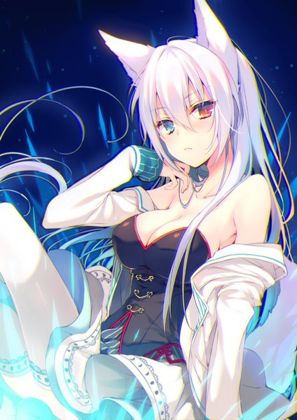 Anime picture 636x900 with original canon (nyori) reia single long hair tall image looking at viewer blush fringe breasts blue eyes simple background hair between eyes red eyes large breasts sitting bare shoulders animal ears cleavage bent knee (knees)
