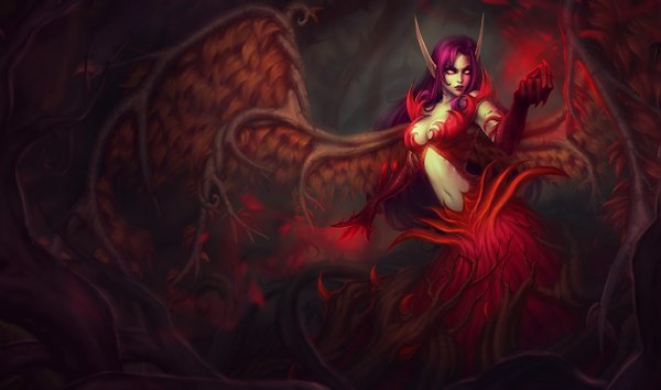 Anime picture 1215x717 with league of legends morgana (league of legends) katiedesousa single long hair breasts wide image cleavage purple hair pointy ears glowing glowing eye (eyes) demon girl navel wings