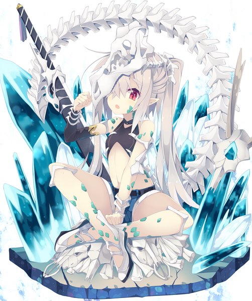 Anime picture 1000x1194 with original nibiiro shizuka single long hair tall image fringe open mouth red eyes sitting looking away silver hair ponytail tail pointy ears hair over one eye midriff spread legs crossed legs skeleton indian style