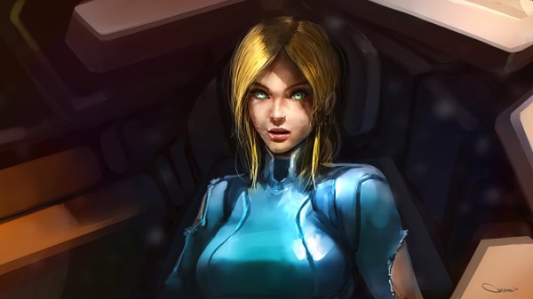 Anime picture 2560x1440 with metroid samus aran darrengeers single long hair looking at viewer highres open mouth blonde hair wide image green eyes signed torn clothes latex girl zero suit