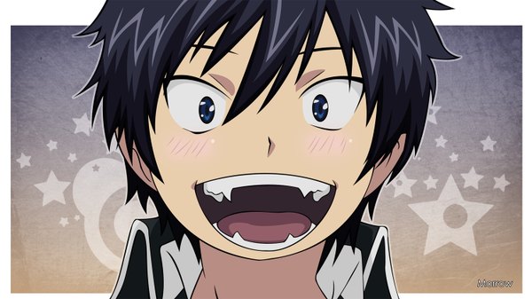 Anime picture 1500x844 with ao no exorcist a-1 pictures okumura rin morrow single blush short hair open mouth blue eyes smile wide image blue hair :d teeth border happy face outside border boy uniform