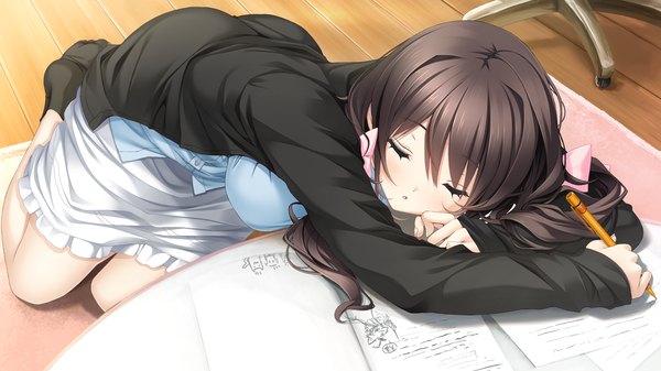 Anime picture 1280x720 with kiss ato hoshimi tsukuyo mikoto akemi single long hair black hair wide image game cg eyes closed sleeping girl dress pen