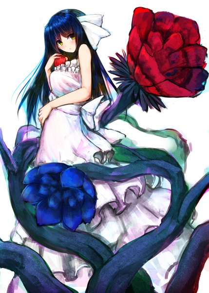 Anime picture 1430x2000 with original iori (cpeilad) single long hair tall image looking at viewer blush white background yellow eyes blue hair girl dress flower (flowers) sundress fruit apple