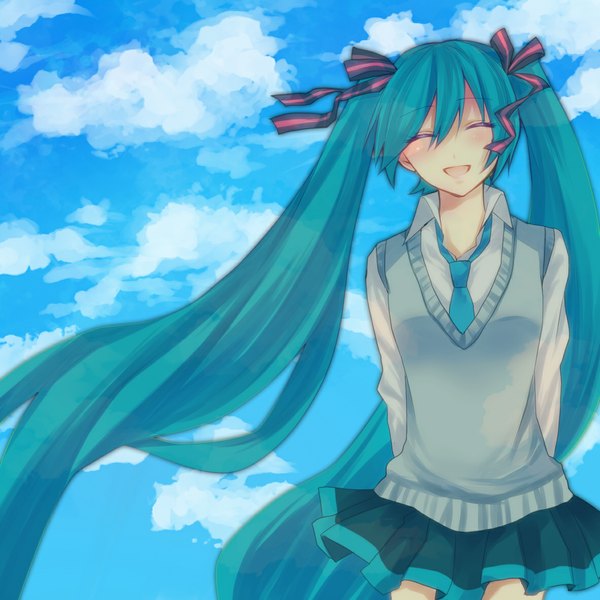 Anime picture 1181x1181 with vocaloid hatsune miku mou-nanimo long hair smile twintails eyes closed aqua hair girl ribbon (ribbons) hair ribbon vest
