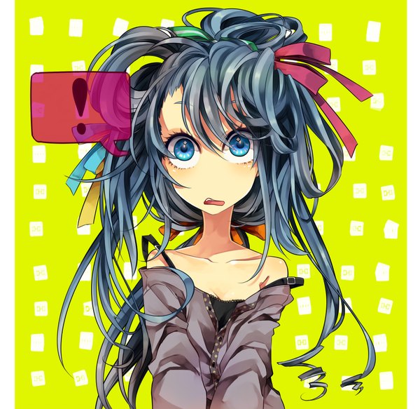 Anime picture 2000x1944 with vocaloid hatsune miku haruka (fizz) single long hair fringe highres open mouth blue eyes hair between eyes bare shoulders blue hair upper body off shoulder looking up low ponytail strap slip alternate hairstyle surprised messy hair