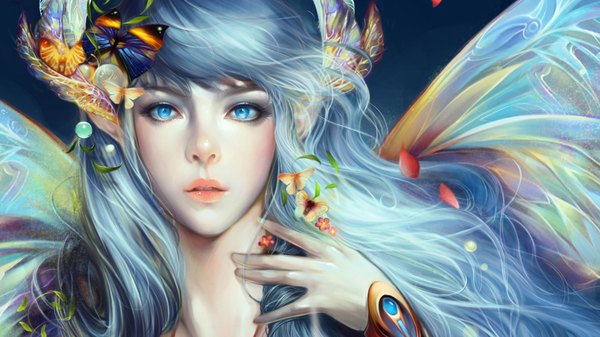 Anime picture 1920x1080 with original haoyuan single long hair looking at viewer highres blue eyes wide image silver hair lips realistic lipstick insect wings butterfly wings flower (flowers) petals insect butterfly
