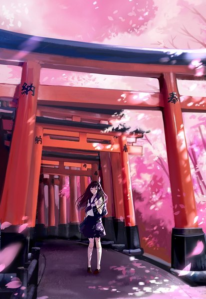 Anime picture 600x870 with hyouka kyoto animation chitanda eru riku (lingsky) single long hair tall image fringe black hair smile standing full body eyes closed wind cherry blossoms spring girl uniform plant (plants) tree (trees)