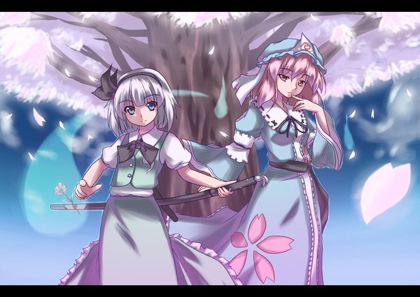 Anime picture 1696x1200 with touhou konpaku youmu saigyouji yuyuko myon fringe blue eyes multiple girls holding brown eyes looking away silver hair purple hair traditional clothes japanese clothes light smile wide sleeves cherry blossoms finger to mouth dual wielding girl