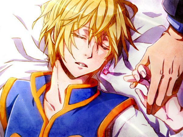 Anime picture 1394x1045 with hunter x hunter kurapica short hair blonde hair eyes closed holding hands sleeping boy earrings hands