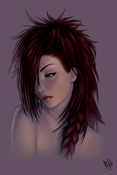 Anime picture 684x1026 with tagme (copyright) warrenlouw single long hair tall image fringe simple background red eyes bare shoulders looking away red hair lips hair over one eye mole mole under eye girl