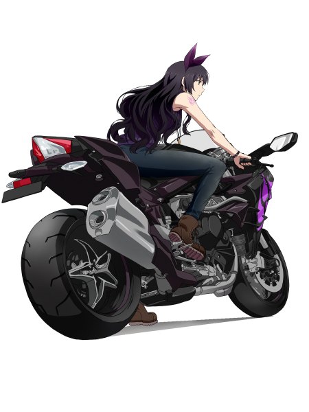 Anime picture 1800x2400 with rwby rooster teeth blake belladonna kurohane single long hair tall image fringe highres black hair simple background white background sitting holding yellow eyes looking away full body bent knee (knees) profile tattoo