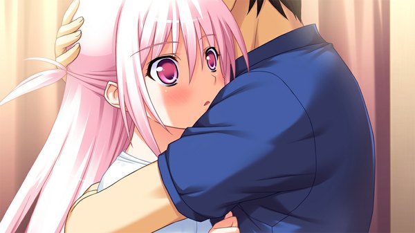 Anime picture 1024x576 with primary step long hair wide image pink hair game cg pink eyes hug girl