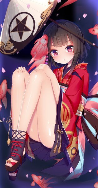Anime picture 3031x5787 with onmyoji kagura (onmyoji) jyt single tall image looking at viewer highres short hair light erotic black hair simple background absurdres full body bent knee (knees) traditional clothes head tilt japanese clothes pink eyes wide sleeves :o