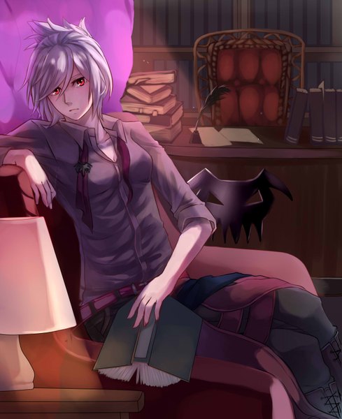 Anime picture 1240x1521 with league of legends riven (league of legends) yosuki (artist) single tall image looking at viewer highres short hair red eyes sitting silver hair twisty sleeves girl shirt boots belt book (books) table lamp armchair