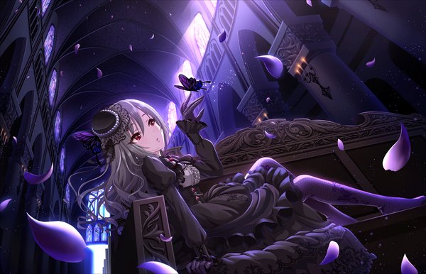 Anime picture 1280x824 with idolmaster idolmaster cinderella girls idolmaster cinderella girls starlight stage kanzaki ranko single long hair red eyes grey hair awaited person of fate girl dress gloves hat petals pantyhose black gloves black dress insect butterfly mini hat
