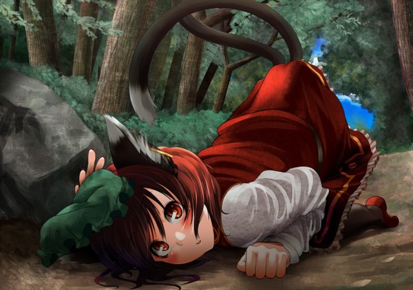 Anime picture 2480x1748 with touhou chen yana (nekoarashi) single blush highres short hair red eyes brown hair animal ears cat ears cat tail girl plant (plants) tree (trees) forest