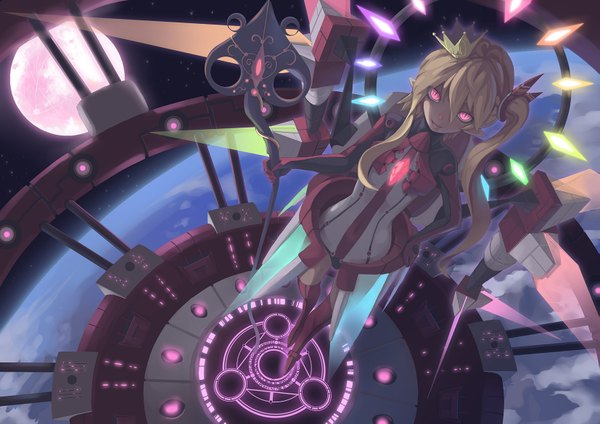 Anime picture 1653x1169 with touhou flandre scarlet madyy single long hair looking at viewer blonde hair pink eyes pointy ears alternate costume hand on hip magic :p space girl weapon tongue moon thigh boots full moon