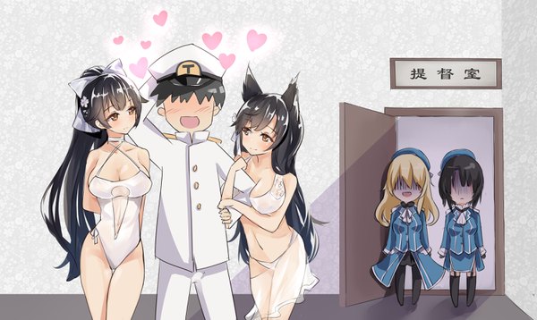 Anime picture 3000x1792 with kantai collection azur lane atago (azur lane) atago heavy cruiser takao (azur lane) takao heavy cruiser admiral (kantai collection) atago (midsummer march) (azur lane) commander (azur lane) takao (beach rhapsody) (azur lane) scarlet dango long hair blush fringe highres short hair breasts light erotic black hair blonde hair