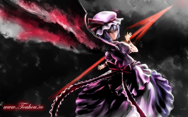 Anime picture 2560x1600 with touhou remilia scarlet hjistc single looking at viewer highres short hair red eyes wide image purple hair looking back vampire girl dress bow hat wings bonnet spear spear the gungnir