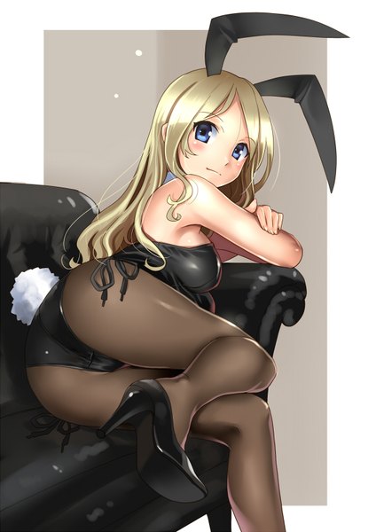 Anime picture 566x800 with original katahira masashi single long hair tall image looking at viewer blush breasts blue eyes light erotic simple background blonde hair smile sitting bare shoulders animal ears bent knee (knees) ass tail animal tail
