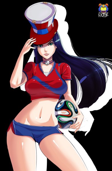 Anime picture 784x1200 with league of legends caitlyn (league of legends) kyoffie12 single long hair tall image blue eyes light erotic simple background blue hair black background girl navel uniform shorts short shorts gym uniform ball top hat soccer ball