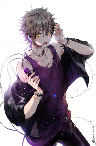 Anime picture 591x900 with ensemble stars! oogami koga bosack single tall image blush fringe short hair open mouth simple background hair between eyes white background bare shoulders signed yellow eyes from above grey hair off shoulder twitter username shaded face