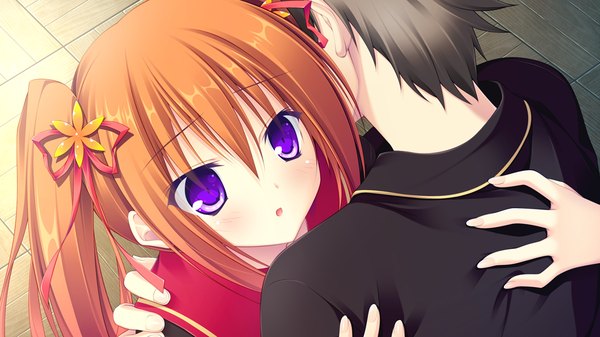 Anime picture 1024x576 with lovely quest long hair blush wide image twintails purple eyes game cg orange hair hug girl boy ribbon (ribbons) hair ribbon