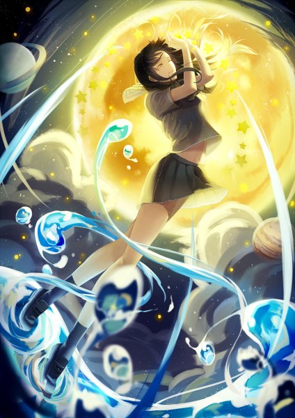 Anime picture 848x1200 with original p.rupon single long hair tall image fringe brown hair yellow eyes pleated skirt one eye closed wink bare belly short sleeves space girl skirt water socks star (symbol) black socks