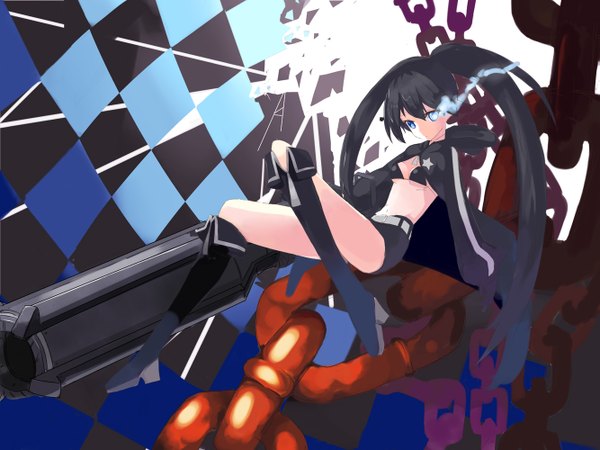 Anime picture 1333x1000 with black rock shooter black rock shooter (character) mazonano (artist) single long hair looking at viewer blue eyes black hair twintails glowing glowing eye (eyes) rhombus girl weapon shorts thigh boots chain cloak bikini top