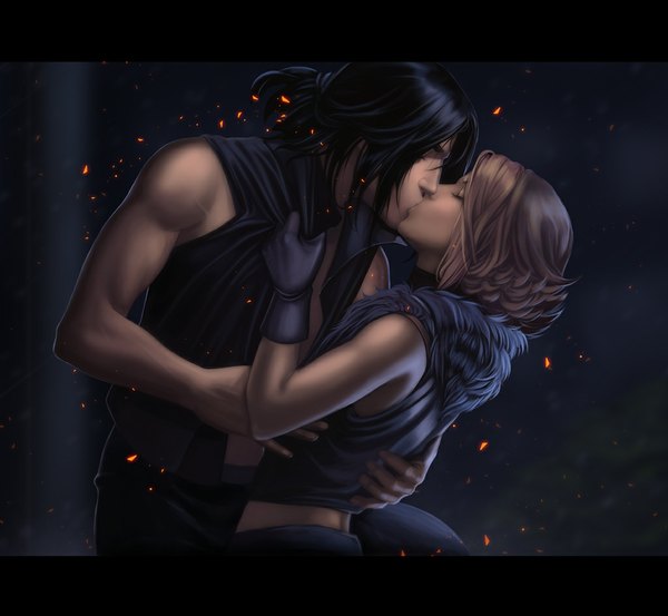 Anime picture 1024x945 with original diablera (artist) long hair short hair black hair blonde hair brown hair ponytail eyes closed profile open clothes open jacket midriff sleeveless couple hug dark background face to face framed kiss