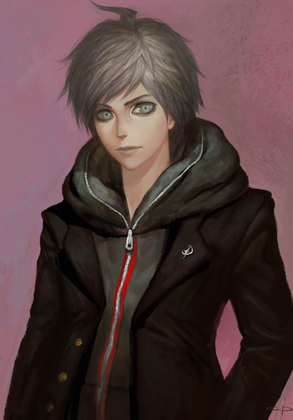 Anime picture 1000x1431 with dangan ronpa naegi makoto diaodiao single tall image looking at viewer short hair simple background blonde hair signed looking away ahoge grey eyes boy zipper badge