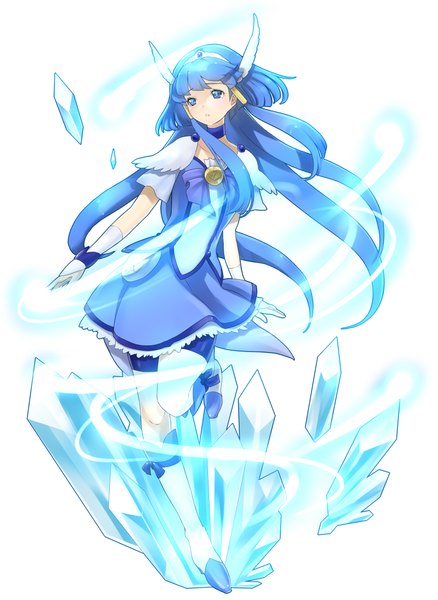 Anime picture 1683x2303 with precure smile precure! aoki reika cure beauty puchiman single long hair tall image blue eyes simple background white background blue hair magic girl dress gloves elbow gloves shorts boots crystal